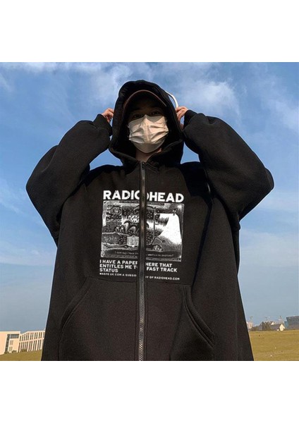 Radiohead Baskılı Oversize Fermuarlı Siyah Kapüşonlu Hırka