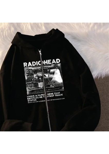 Radiohead Baskılı Oversize Fermuarlı Siyah Kapüşonlu Hırka fiyatları