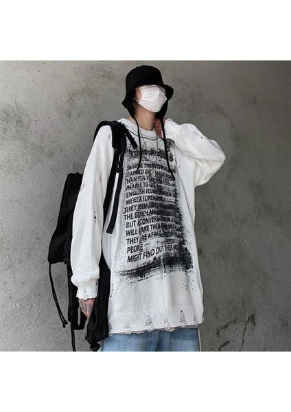 Touz Vintage Harajuku Graffiti Desenli Oversize Ecru Kazak