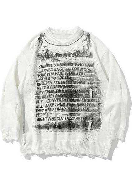 Touz Vintage Harajuku Graffiti Desenli Oversize Ecru Kazak
