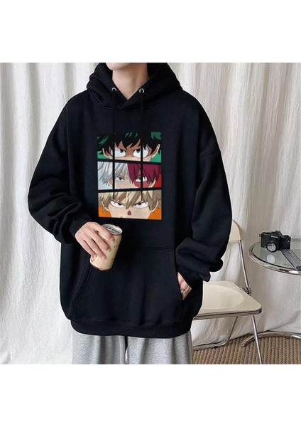 My Hero Academia Eyes Baskılı Siyah Unisex Oversize Kapüşonlu Sweatshirt