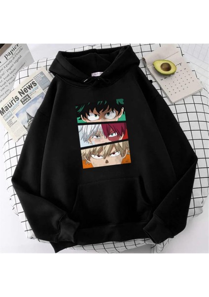 My Hero Academia Eyes Baskılı Siyah Unisex Oversize Kapüşonlu Sweatshirt