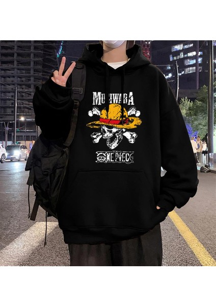 One Piece Mugiwara Baskılı Siyah Oversize Kapüşonlu Sweatshirt