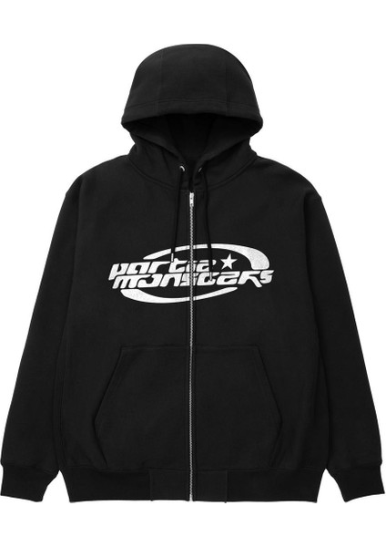 Partie Monsters Baskılı Oversize Fermuarlı Siyah Kapüşonlu Hırka