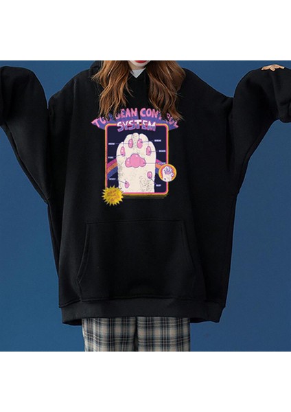 Toe Bean Control System Baskılı Siyah Unisex Oversize Kapüşonlu Sweatshirt