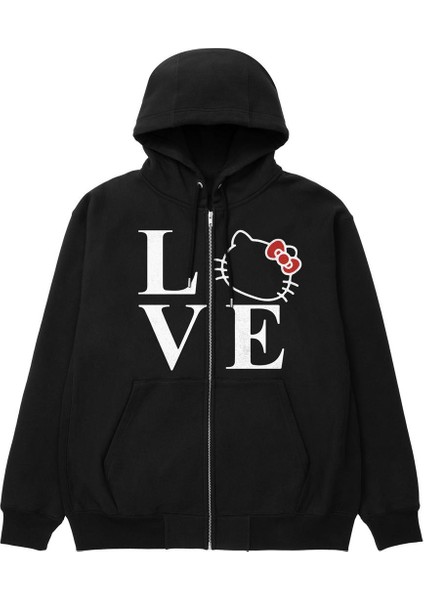 Love Cat Baskılı Oversize Fermuarlı Siyah Kapüşonlu Hırka fiyatları