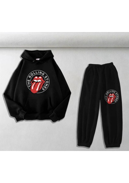 Rolling Stones Baskılı Siyah Sweatshirt-Eşofman Altı İkili Takım
