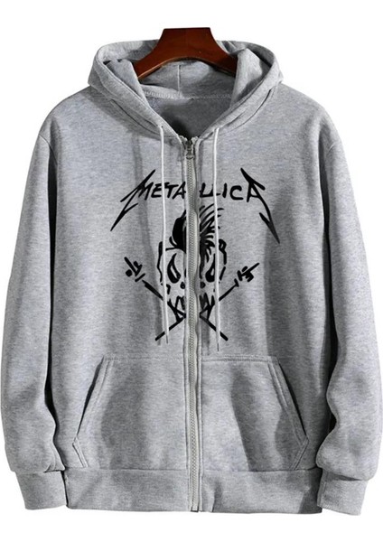 Metallica Skull Baskılı Oversize Fermuarlı Gri Unisex Kapüşonlu Hırka