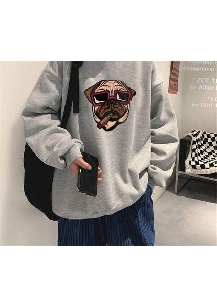 Bulldog Baskılı Gri Oversize Bisiklet Yaka Sweatshirt