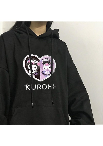 Heart Kuromi Baskılı Siyah Kapüşonlu Sweatshirt