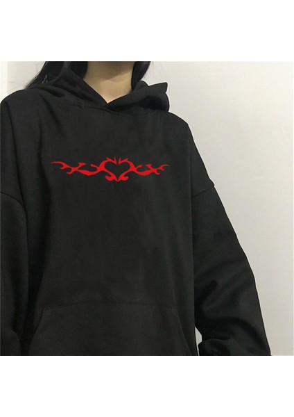 Clawed Heart Baskılı Siyah Unisex Oversize Kapüşonlu Sweatshirt