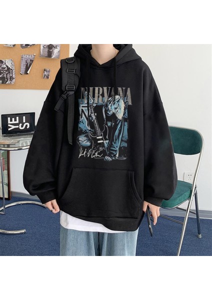 Nirvana Poster Baskılı Siyah Oversize Kapüşonlu Sweatshirt