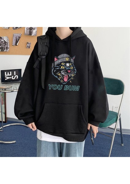 You Bum Cat Baskılı Siyah Oversize Kapüşonlu Sweatshirt