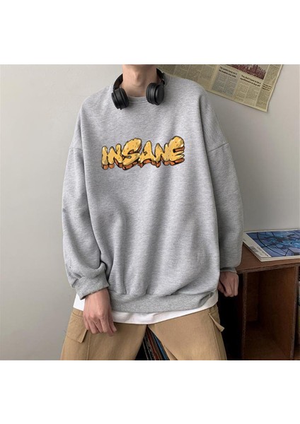 Touz Moda Insane Baskılı Gri Oversize Bisiklet Yaka Sweatshirt