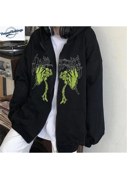 Harajuku Gothic Retro Butterfly Baskılı Oversize Fermuarlı Siyah Kapüşonlu Hırka
