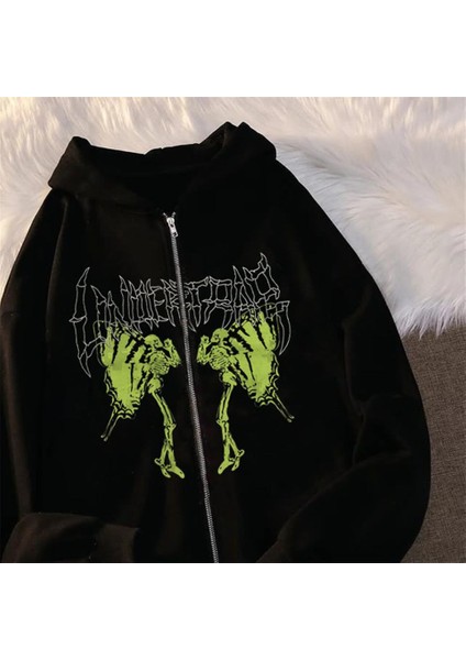 Harajuku Gothic Retro Butterfly Baskılı Oversize Fermuarlı Siyah Kapüşonlu Hırka fiyatları