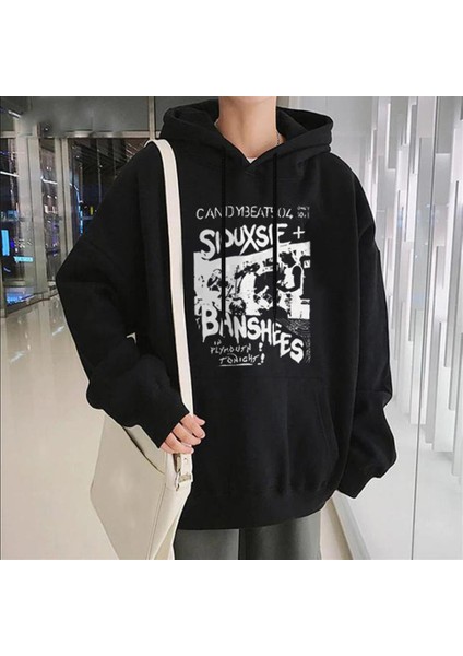 Siouxsie Banshees Baskılı Siyah Oversize Kapüşonlu Sweatshirt