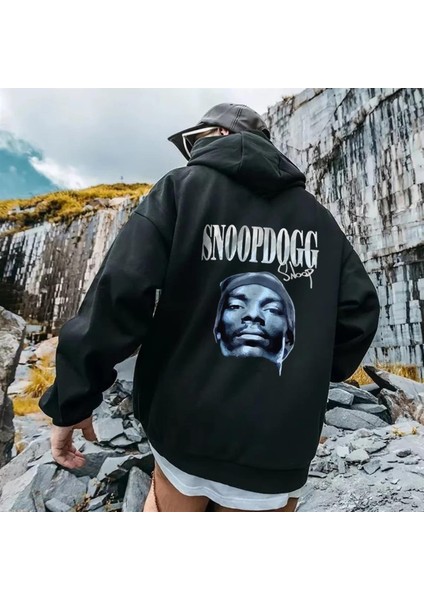 Snoopdogg Baskılı Siyah Oversize Kapüşonlu Sweatshirt