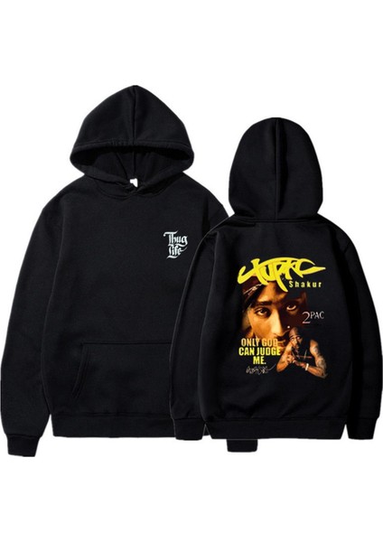 Tupac Shakur Baskılı Siyah Oversize Kapüşonlu Sweatshirt fiyatları