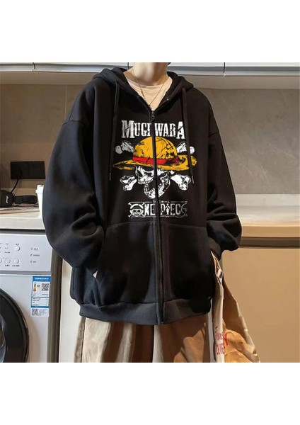 One Piece Mugiwara Baskılı Oversize Fermuarlı Siyah Kapüşonlu Hırka