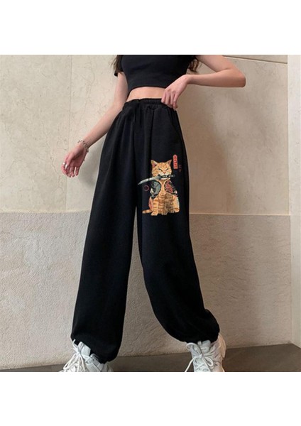 Killer Cat Baskılı Oversize Unisex Siyah Eşofman Altı