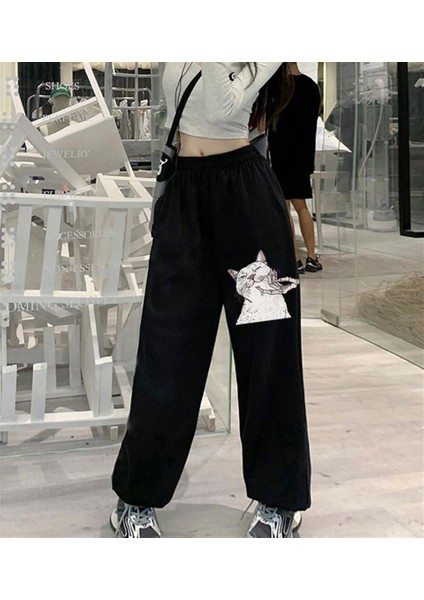 Cat & Skeleton Hand Baskılı Oversize Unisex Siyah Eşofman Altı