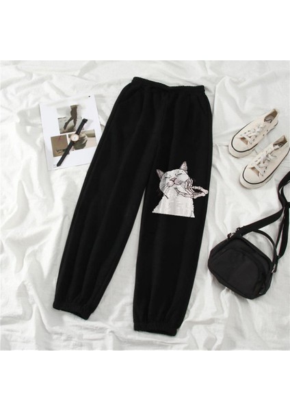 Cat & Skeleton Hand Baskılı Oversize Unisex Siyah Eşofman Altı