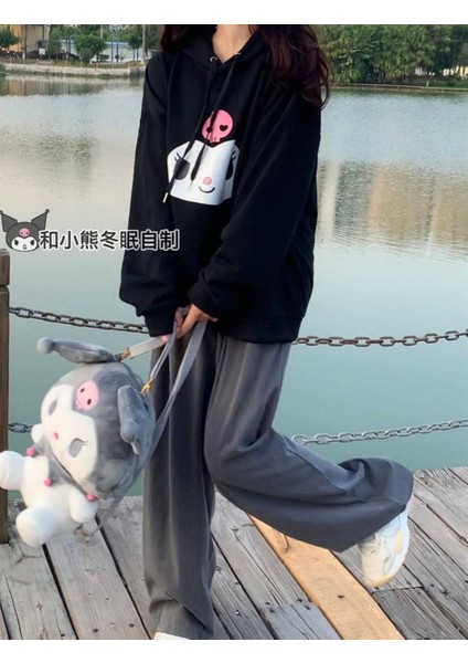 Kuromi Face Baskılı Siyah Oversize Kapüşonlu Sweatshirt modelleri