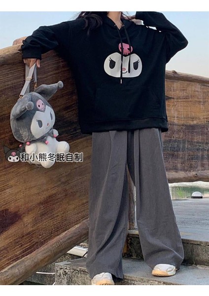 Kuromi Face Baskılı Siyah Oversize Kapüşonlu Sweatshirt indirimleri