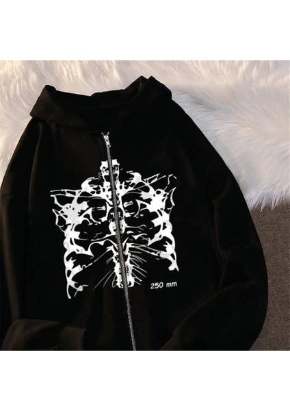 Aesthetic Skeleton Baskılı Oversize Fermuarlı Siyah Kapüşonlu Hırka
