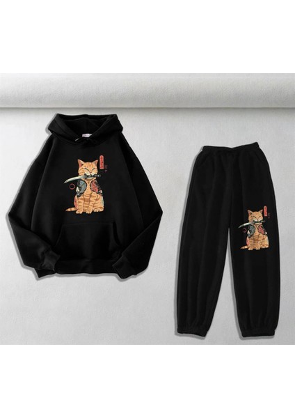 Killer Cat Baskılı Siyah Sweatshirt-Eşofman Altı İkili Takım