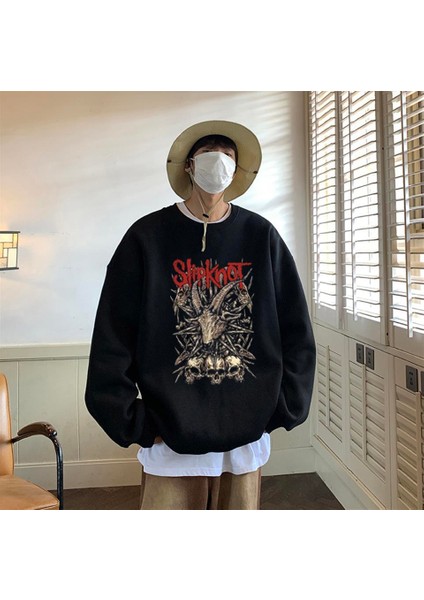 Slipknot Goat & Skulls Baskılı Siyah Oversize Bisiklet Yaka Sweatshirt