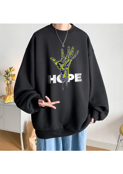 Hope Hand Baskılı Siyah Oversize Bisiklet Yaka Sweatshirt