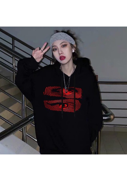 Hypnosis Eyes Baskılı Siyah Oversize Kapüşonlu Sweatshirt