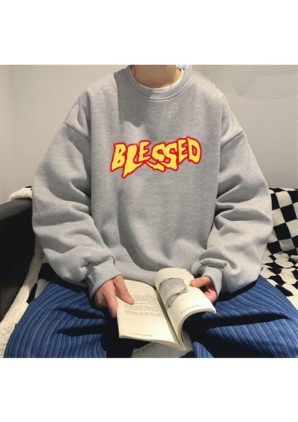 Blessed Baskılı Gri Oversize Bisiklet Yaka Sweatshirt
