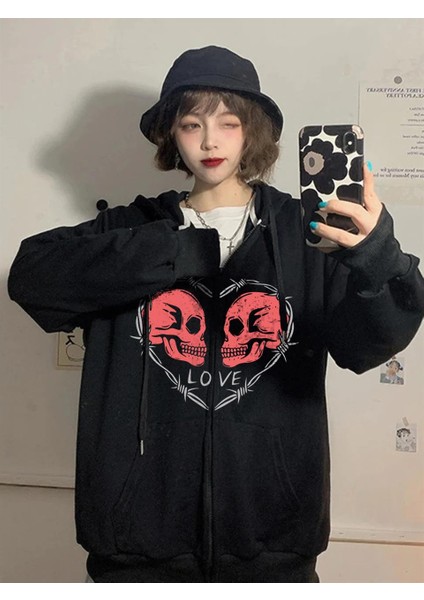 Love Skulls Baskılı Oversize Fermuarlı Siyah Kapüşonlu Hırka