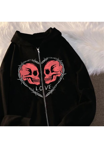 Love Skulls Baskılı Oversize Fermuarlı Siyah Kapüşonlu Hırka fiyatları