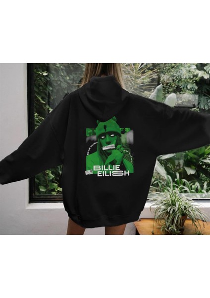 Billie Eilish Baskılı Siyah Oversize Kapüşonlu Sweatshirt