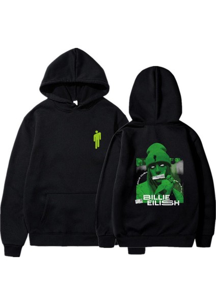 Billie Eilish Baskılı Siyah Oversize Kapüşonlu Sweatshirt
