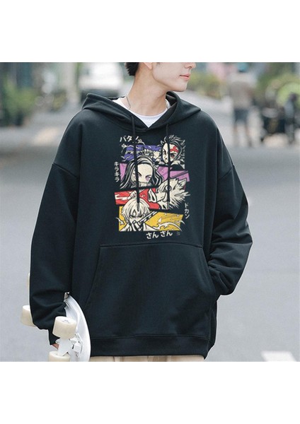 Demon Slayer Squad Baskılı Siyah Oversize Kapüşonlu Sweatshirt