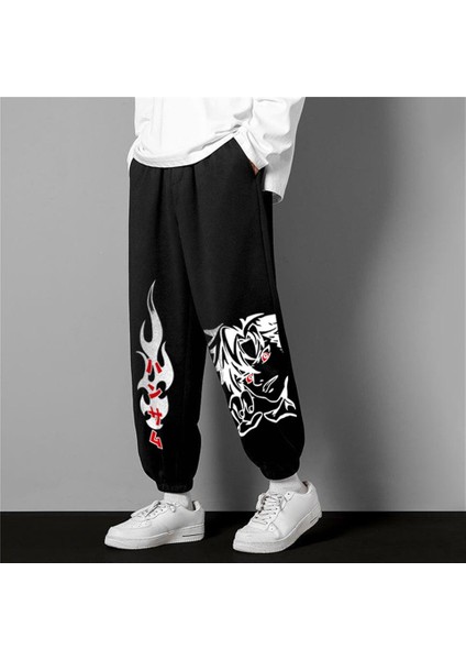 Streetwear Harajuku Anime Boy Baskılı Oversize Siyah Eşofman Altı