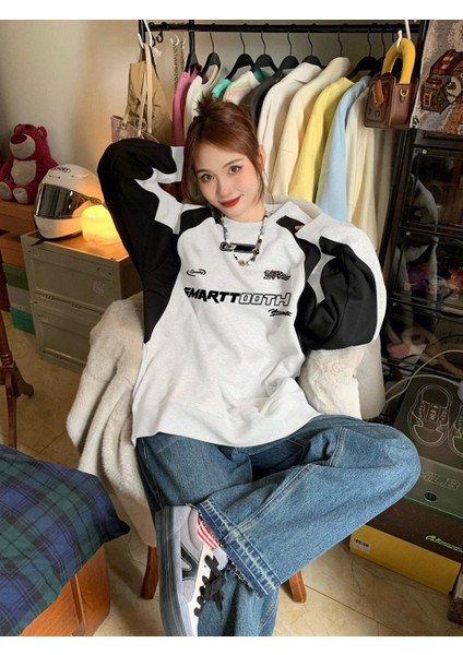 Y2K Streetwear Smarttooth Baskılı Beyaz Oversize Bisiklet Yaka Sweatshirt