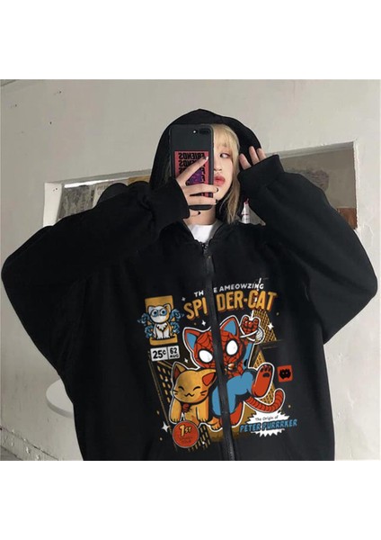 Spider-Cat Baskılı Oversize Fermuarlı Siyah Kapüşonlu Hırka