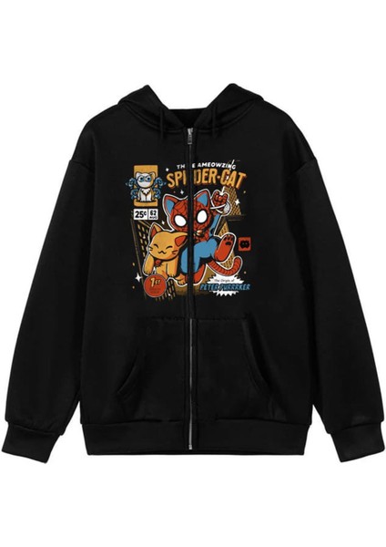 Spider-Cat Baskılı Oversize Fermuarlı Siyah Kapüşonlu Hırka fiyatları