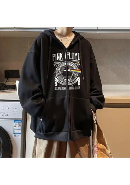Pink Floyd Baskılı Oversize Fermuarlı Siyah Kapüşonlu Hırka