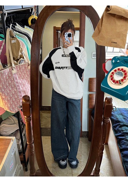 Y2K Streetwear Smarttooth Baskılı Beyaz Oversize Bisiklet Yaka Sweatshirt fiyatları