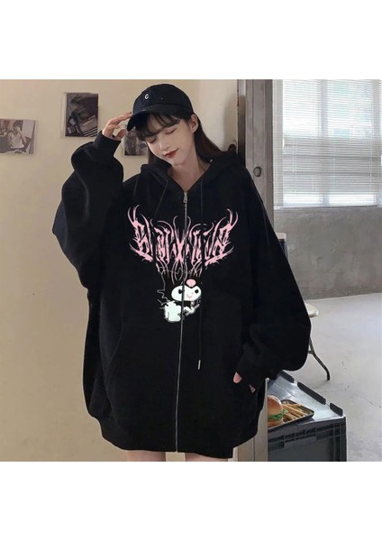 Kuromi Pink Baskılı Oversize Fermuarlı Siyah Unisex Kapüşonlu Hırka