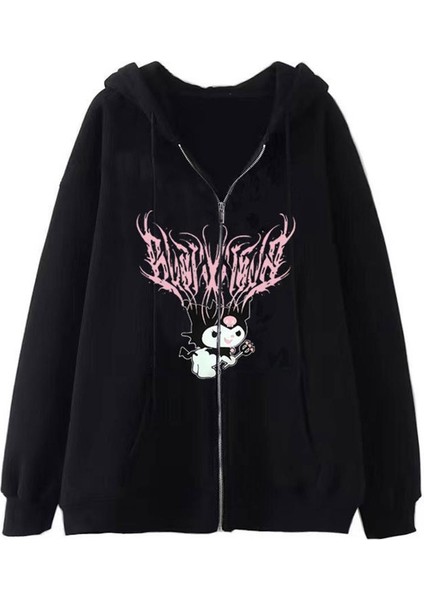 Kuromi Pink Baskılı Oversize Fermuarlı Siyah Unisex Kapüşonlu Hırka