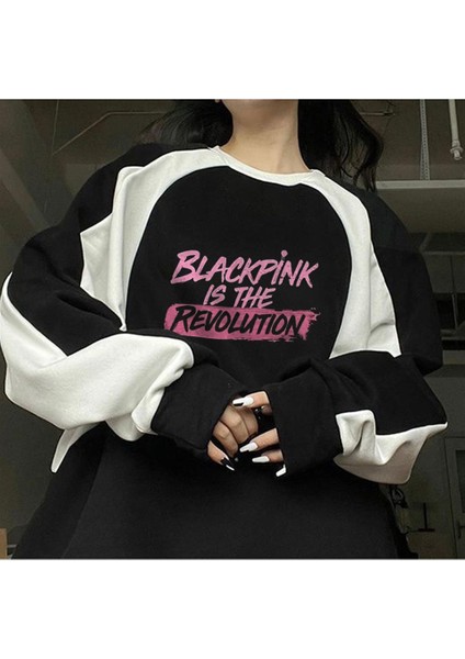 Blackpink Is The Revolution Baskılı Line Detail Oversize Bisiklet Yaka Siyah Sweatshirt