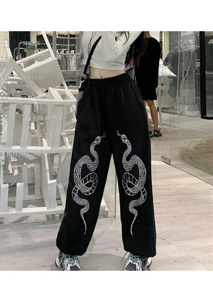 Gothic Snake Baskılı Oversize Unisex Siyah Eşofman Altı